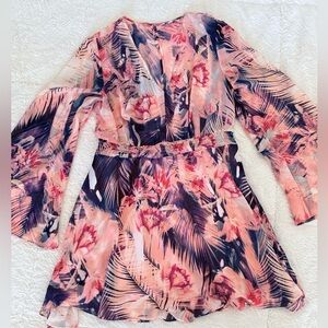 Guess Tropical Print Mini Dress - Size L - Bell Sleeves, Deep V-Neck, Ruffle Hem